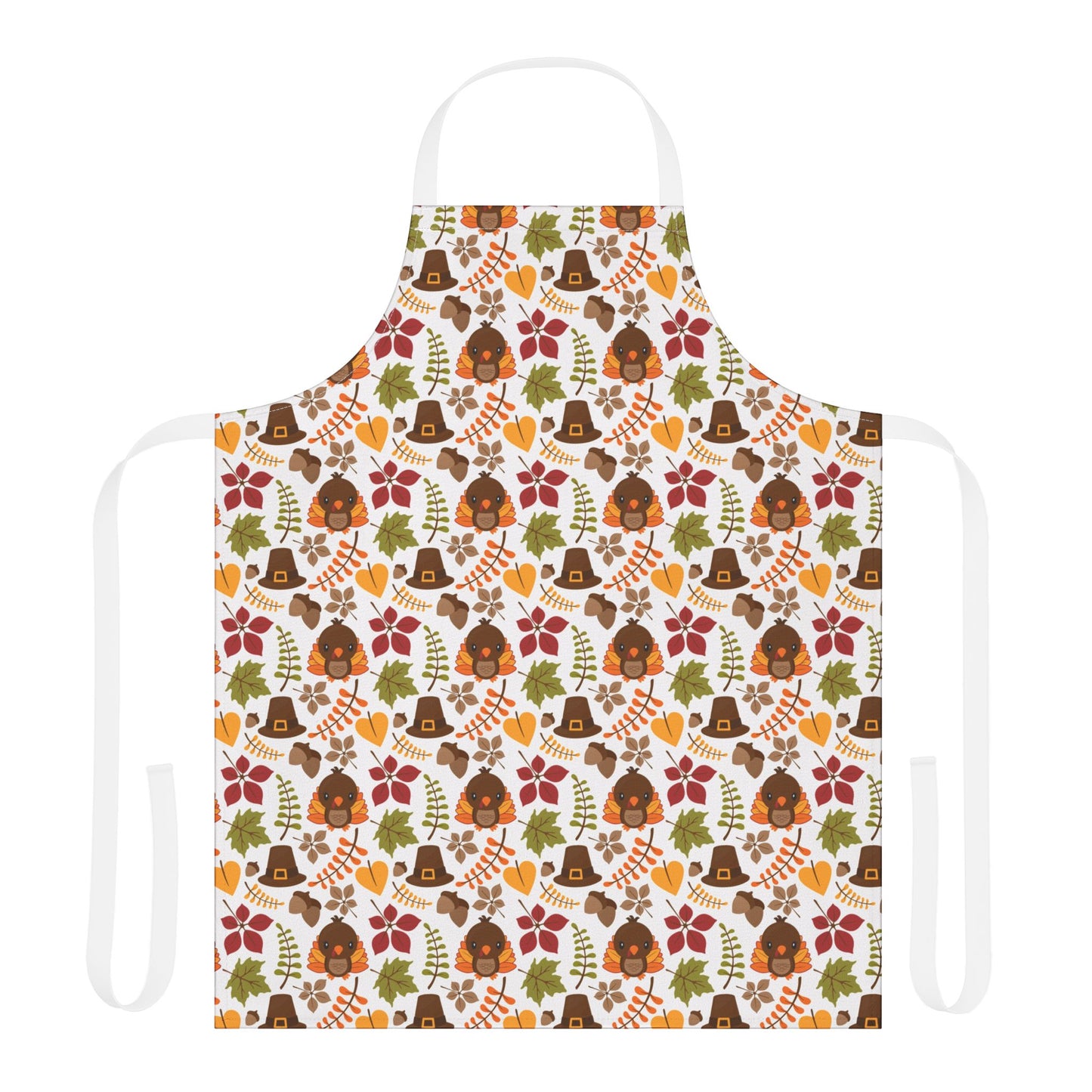 Apron with a festive Thanksgiving pattern featuring turkeys, pilgrim hats, fall leaves, and autumn colors, perfect for holiday cooking and baking.