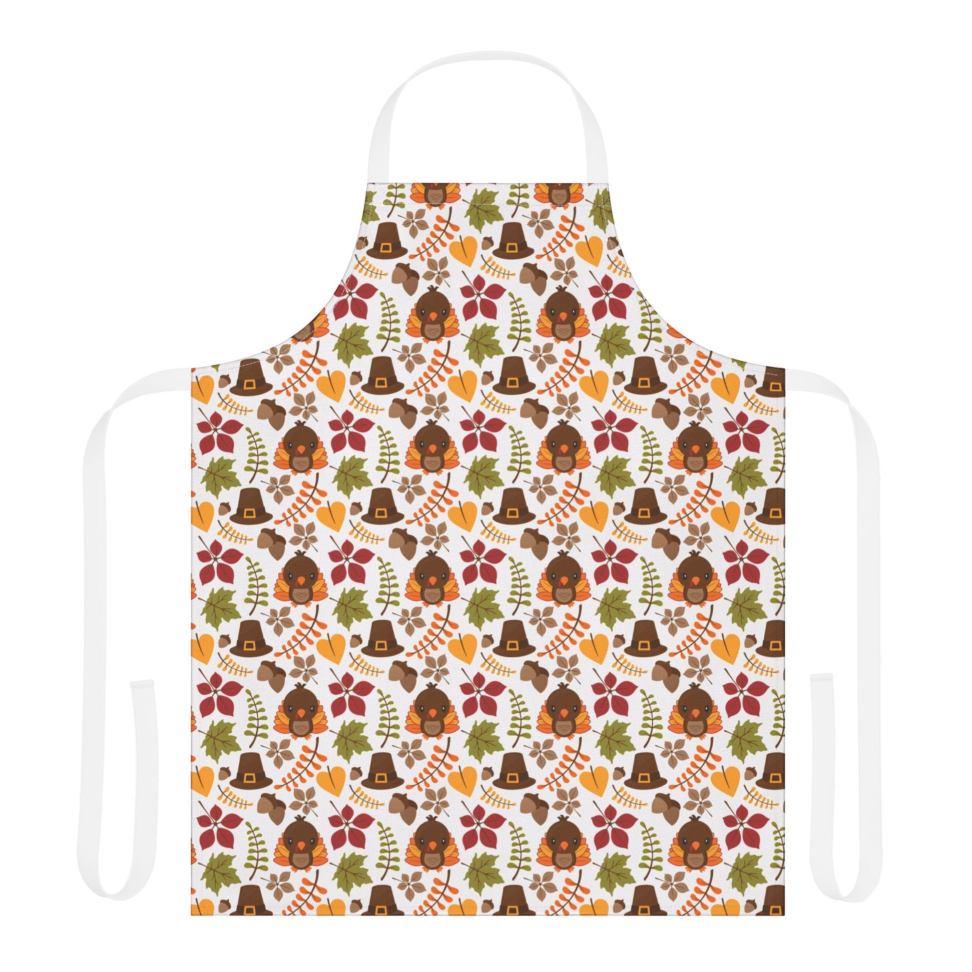 Apron with a festive Thanksgiving pattern featuring turkeys, pilgrim hats, fall leaves, and autumn colors, perfect for holiday cooking and baking.