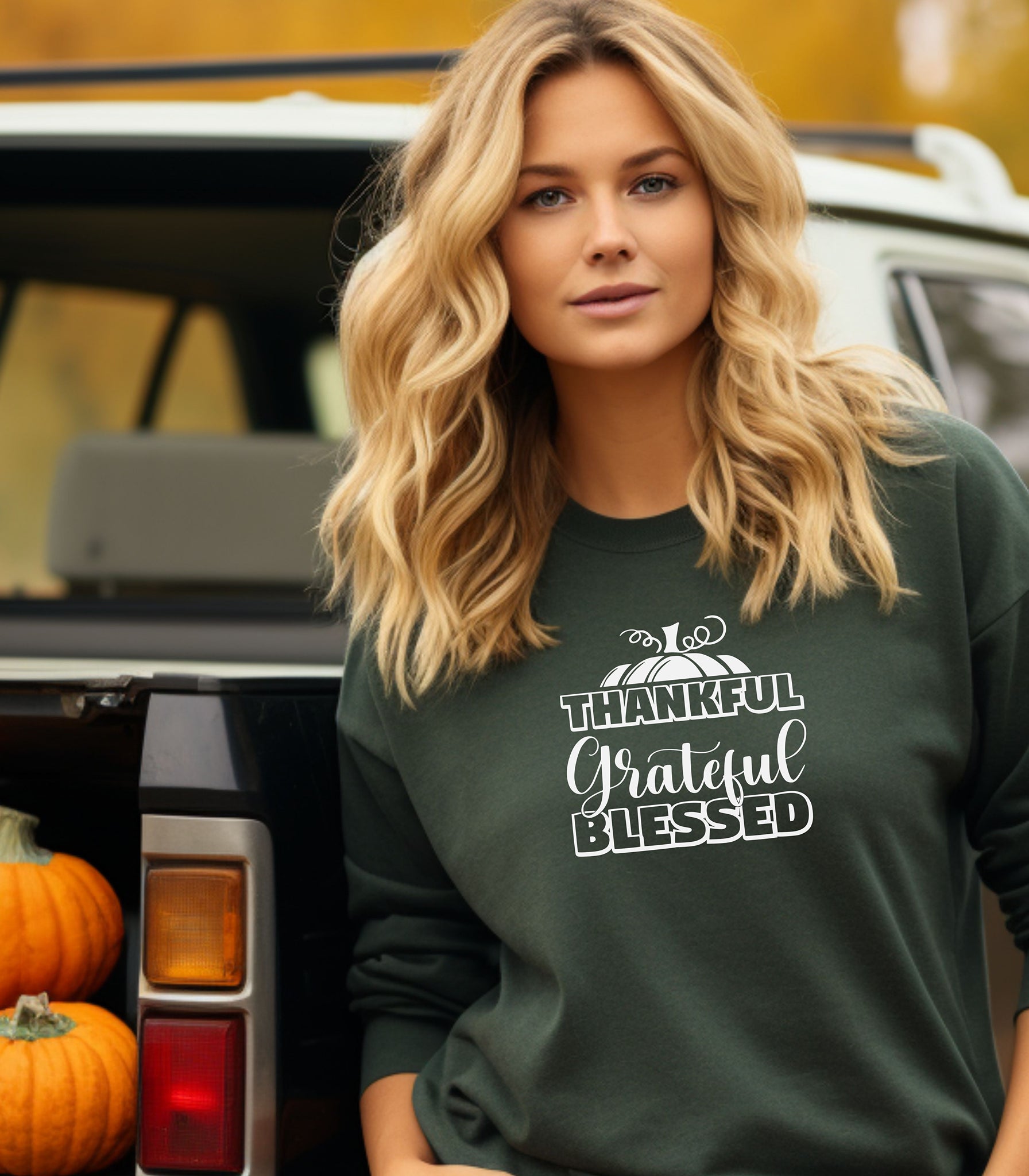 Person wearing a “Thankful Grateful Blessed” Thanksgiving
sweatshirt, featuring a festive pumpkin graphic, styled for cozy fall, autumn outfits and Thanksgiving celebrations