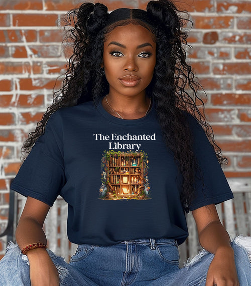 Woman wearing a true navy t-shirt featuring a magical design titled "The Enchanted Library." The graphic shows a glowing bookshelf framed by vines, candles, books, and potions, evoking a whimsical, fantasy-inspired library setting. Perfect for book lovers and fans of enchanted tales.