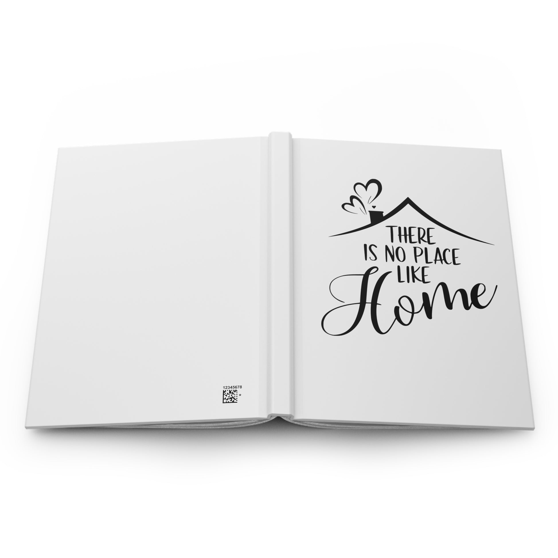Hardcover journal lying flat showing front and back with a design and text 'There is no place like home' on a white background