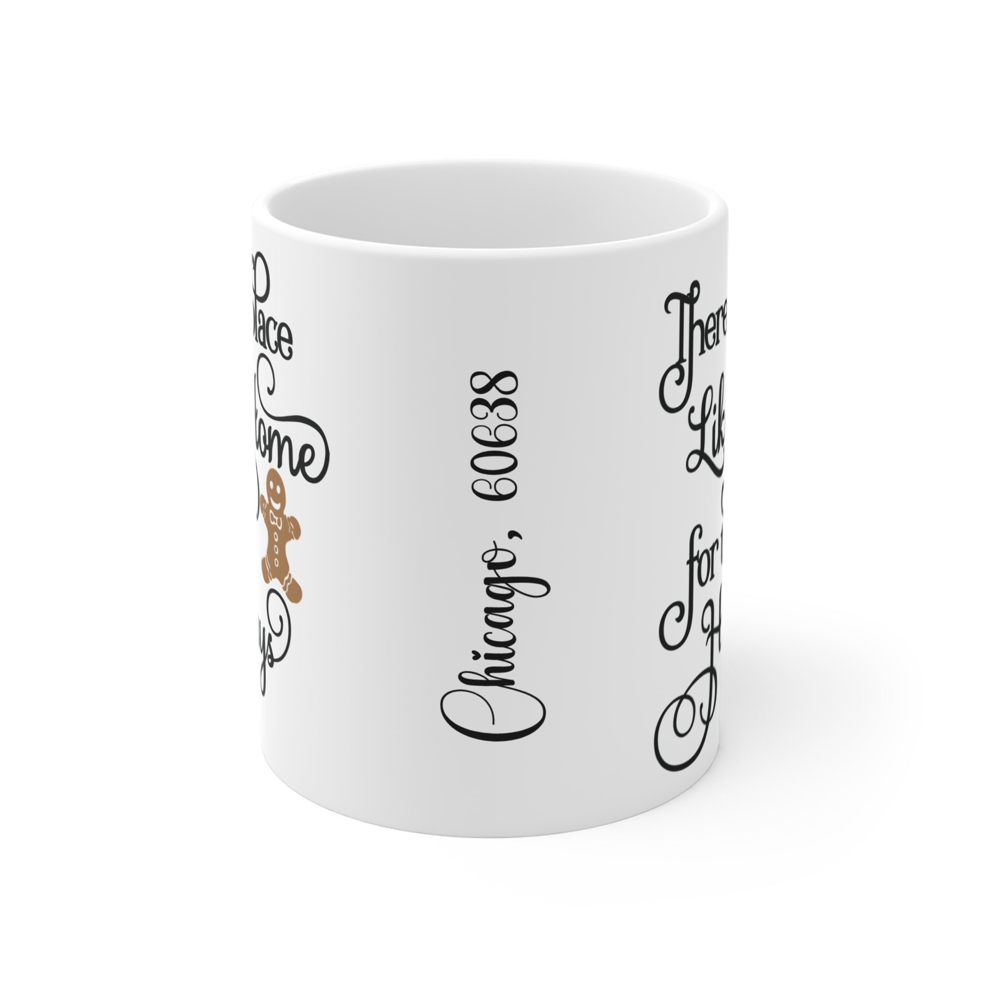 Personalized white ceramic mug with black text and graphics on a white background