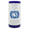 Third Eye Chakra pillar candle labeled "Ajna" with a deep indigo color and chakra symbol. Designed to enhance intuition and clarity, this candle is ideal for meditation, chakra rebalancing, and relaxation. Features a fragrance blend of jasmine and vetiver. Label includes affirmations and guidance for use in spiritual or sacred spaces. Crystal Journey Candles branding on bottom.