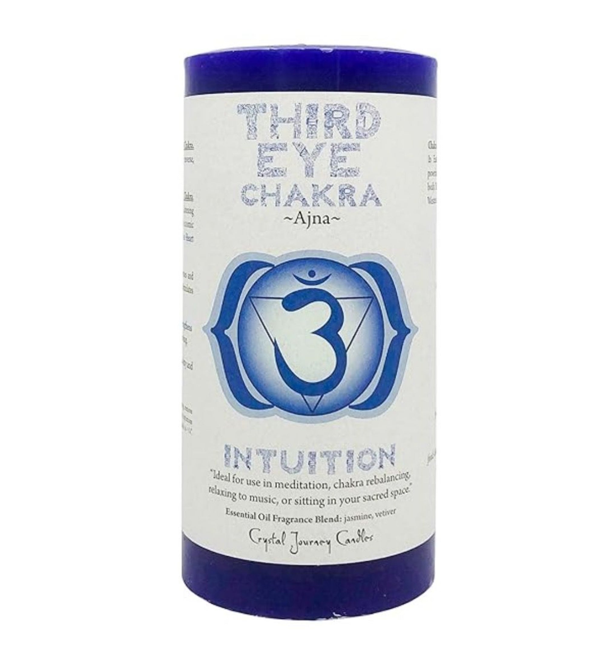 Third Eye Chakra pillar candle labeled "Ajna" with a deep indigo color and chakra symbol. Designed to enhance intuition and clarity, this candle is ideal for meditation, chakra rebalancing, and relaxation. Features a fragrance blend of jasmine and vetiver. Label includes affirmations and guidance for use in spiritual or sacred spaces. Crystal Journey Candles branding on bottom.