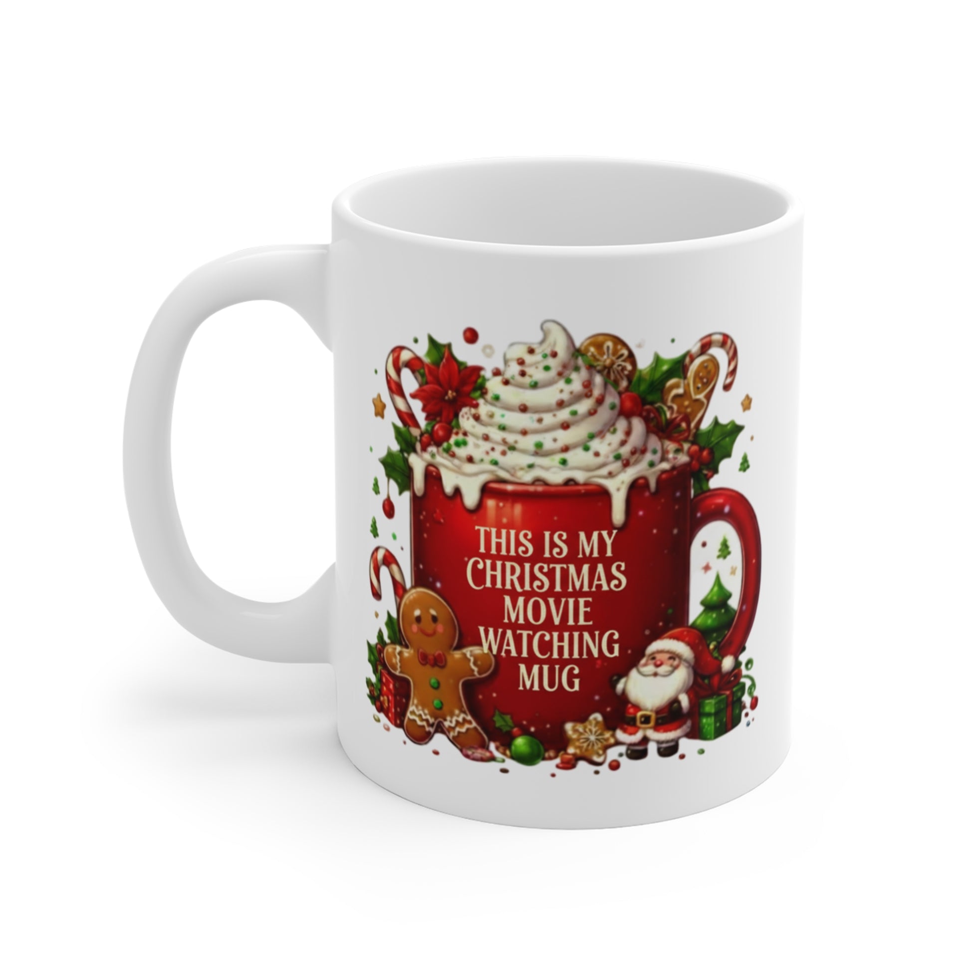 White ceramic mug with Christmas-themed design and text on a white background