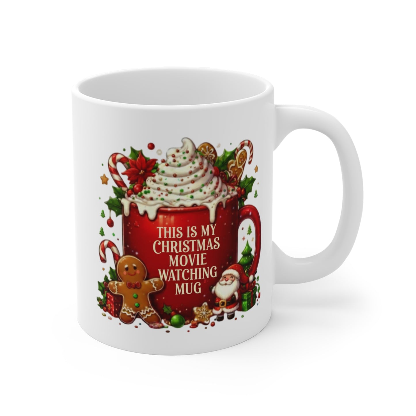 White ceramic mug with Christmas-themed design and text on a white background