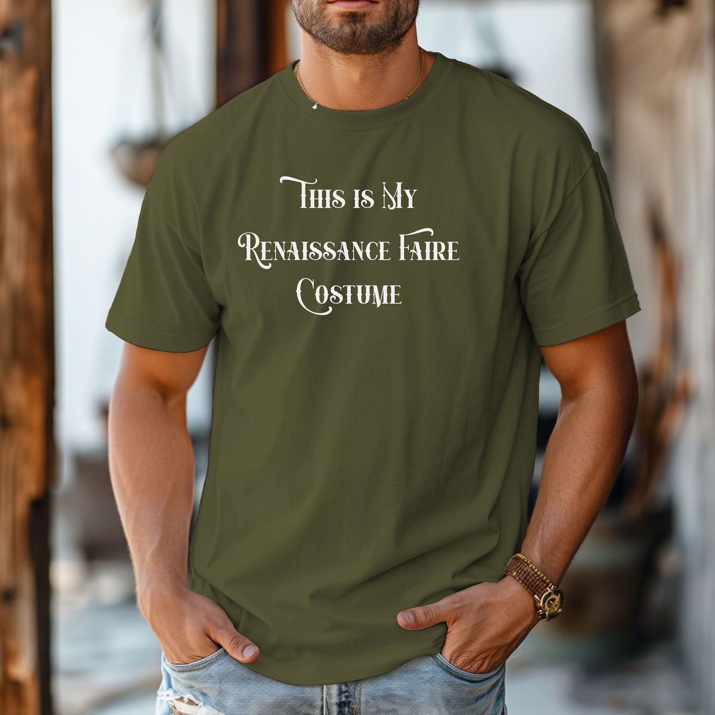 Hemp color T-shirt featuring the humorous phrase “This Is My Renaissance Faire Costume” in an elegant medieval-style font. Perfect for fairgoers who prefer a simple, casual outfit while enjoying the festivities, jousting, and entertainment at a Renaissance Faire. Ideal for fans of witty, themed apparel.