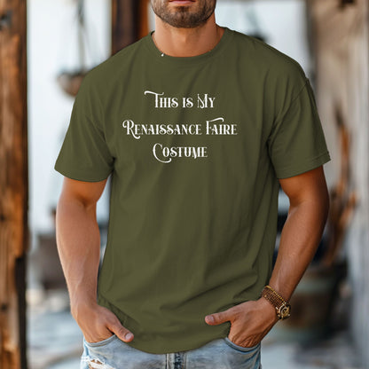 Hemp color T-shirt featuring the humorous phrase “This Is My Renaissance Faire Costume” in an elegant medieval-style font. Perfect for fairgoers who prefer a simple, casual outfit while enjoying the festivities, jousting, and entertainment at a Renaissance Faire. Ideal for fans of witty, themed apparel.