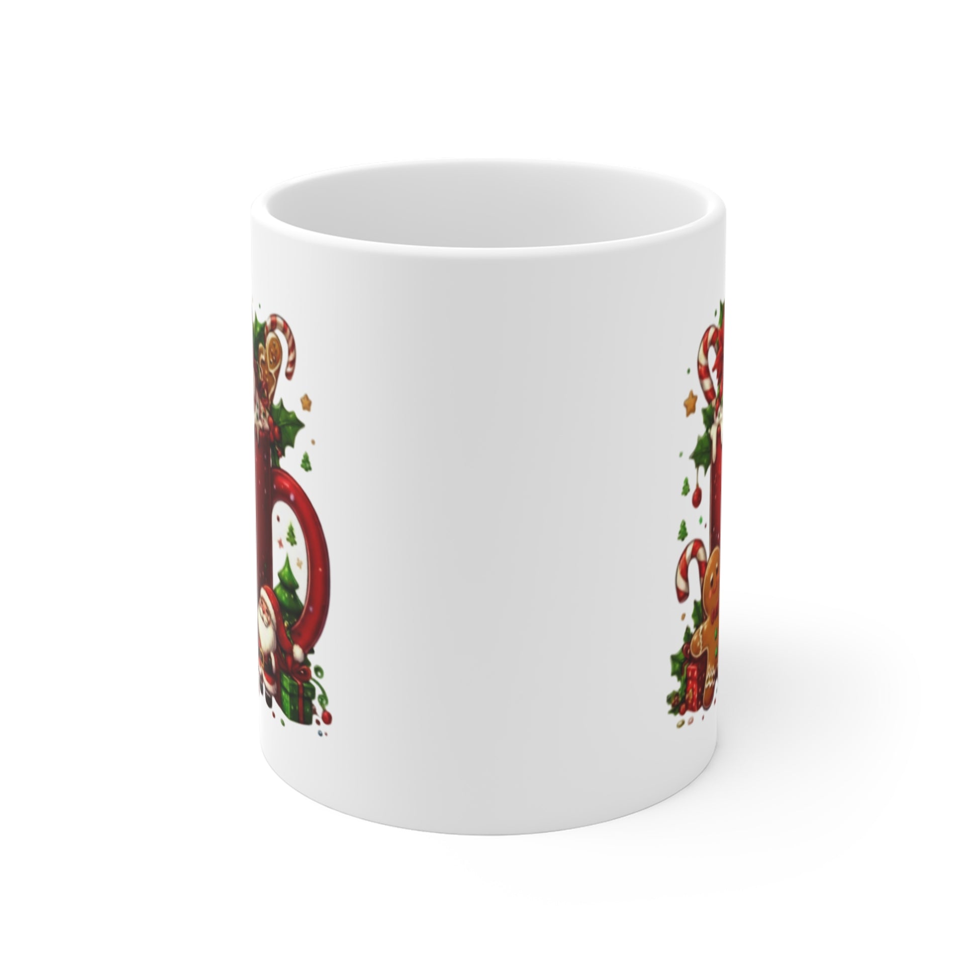 White ceramic mug with Christmas-themed design featuring candy canes and Santa Claus on a white background
