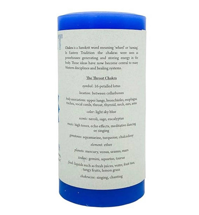 Back view of Throat Chakra pillar candle with detailed chakra information. Includes symbol (16-petalled lotus), location (between collarbones), body associations (throat, vocal cords, lungs, ears), color (light sky blue), scents (neroli, sage, eucalyptus), related music, gemstones, element (ether), zodiac signs, associated foods, and chakra exercises like singing and chanting.