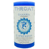 Blue Throat Chakra pillar candle labeled “Vishuddha” with chakra symbol and the word “Expression.” Designed for meditation, chakra rebalancing, and enhancing communication. Features an essential oil blend of neroli and sage. Ideal for promoting clarity, self-expression, and calming energy in your sacred space.
