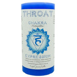 Blue Throat Chakra pillar candle labeled “Vishuddha” with chakra symbol and the word “Expression.” Designed for meditation, chakra rebalancing, and enhancing communication. Features an essential oil blend of neroli and sage. Ideal for promoting clarity, self-expression, and calming energy in your sacred space.