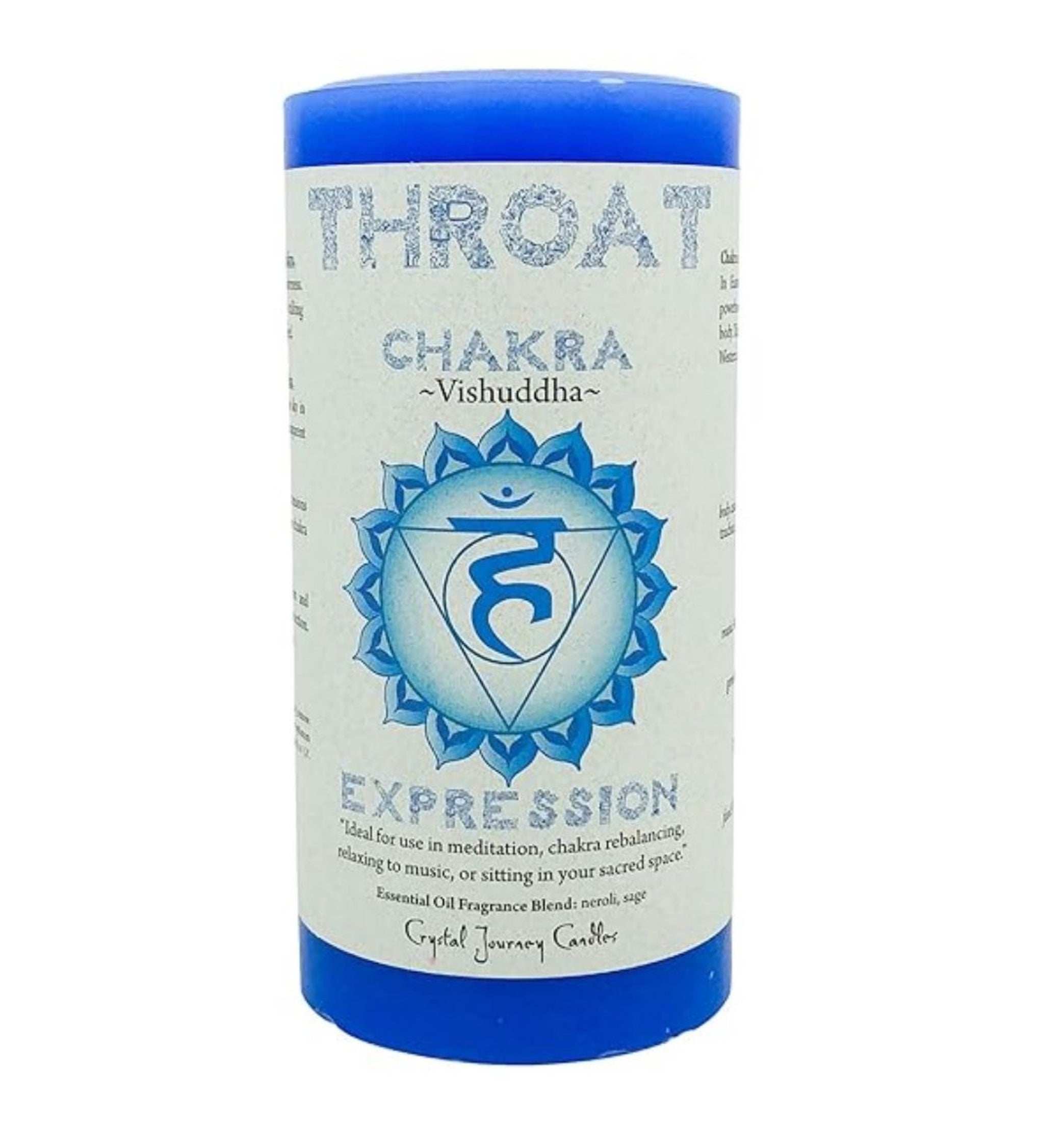 Blue Throat Chakra pillar candle labeled “Vishuddha” with chakra symbol and the word “Expression.” Designed for meditation, chakra rebalancing, and enhancing communication. Features an essential oil blend of neroli and sage. Ideal for promoting clarity, self-expression, and calming energy in your sacred space.