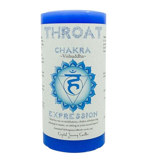 Blue Throat Chakra pillar candle labeled “Vishuddha” with chakra symbol and the word “Expression.” Designed for meditation, chakra rebalancing, and enhancing communication. Features an essential oil blend of neroli and sage. Ideal for promoting clarity, self-expression, and calming energy in your sacred space.