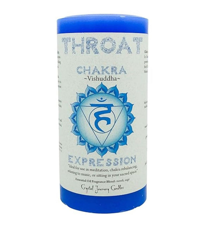 Blue Throat Chakra pillar candle labeled “Vishuddha” with chakra symbol and the word “Expression.” Designed for meditation, chakra rebalancing, and enhancing communication. Features an essential oil blend of neroli and sage. Ideal for promoting clarity, self-expression, and calming energy in your sacred space.