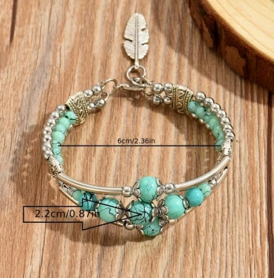 Turquoise Colored Beaded Feather Charm Bracelet, Boho Design