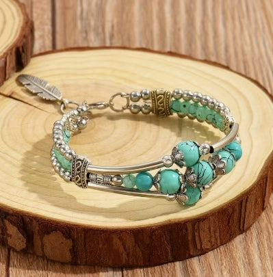Turquoise Colored Beaded Feather Charm Bracelet, Boho Design