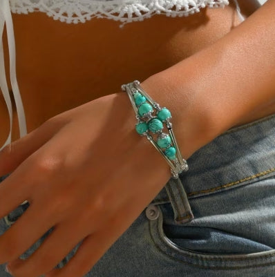 Turquoise Colored Beaded Feather Charm Bracelet, Boho Design