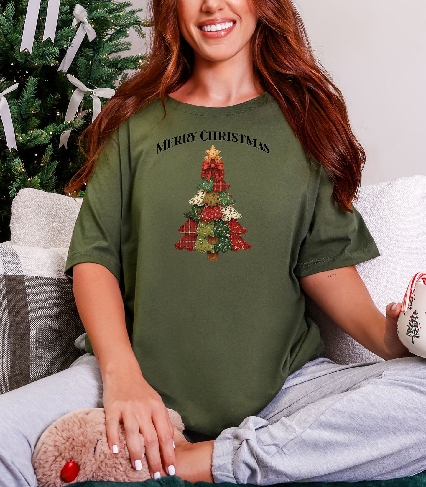 Merry Christmas Faux Patchwork Tree T-Shirt, Cozy Holiday Design