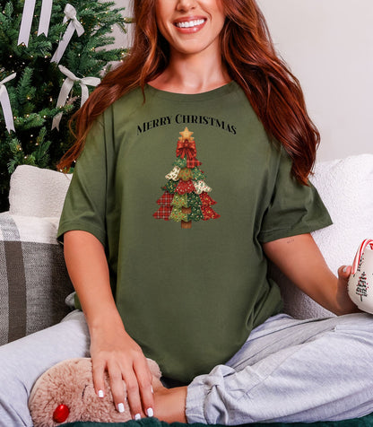 Merry Christmas Faux Patchwork Tree T-Shirt, Cozy Holiday Design