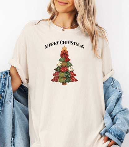 Merry Christmas Faux Patchwork Tree T-Shirt, Cozy Holiday Design