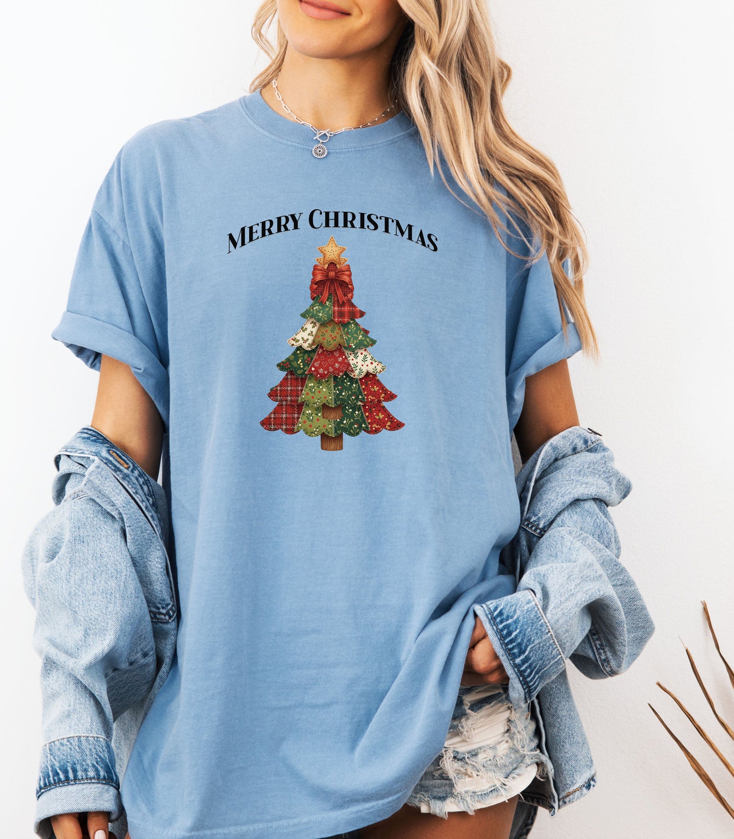 Merry Christmas Faux Patchwork Tree T-Shirt, Cozy Holiday Design