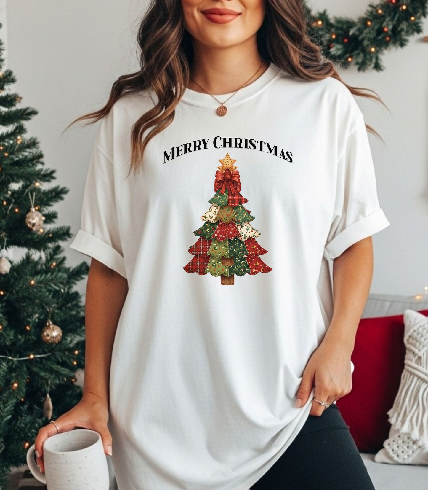 Merry Christmas Faux Patchwork Tree T-Shirt, Cozy Holiday Design