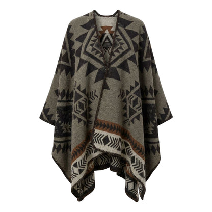 Boho Geometric Cape Shawl, Autumn/Winter Earth-Tone Southwestern-Inspired Wrap