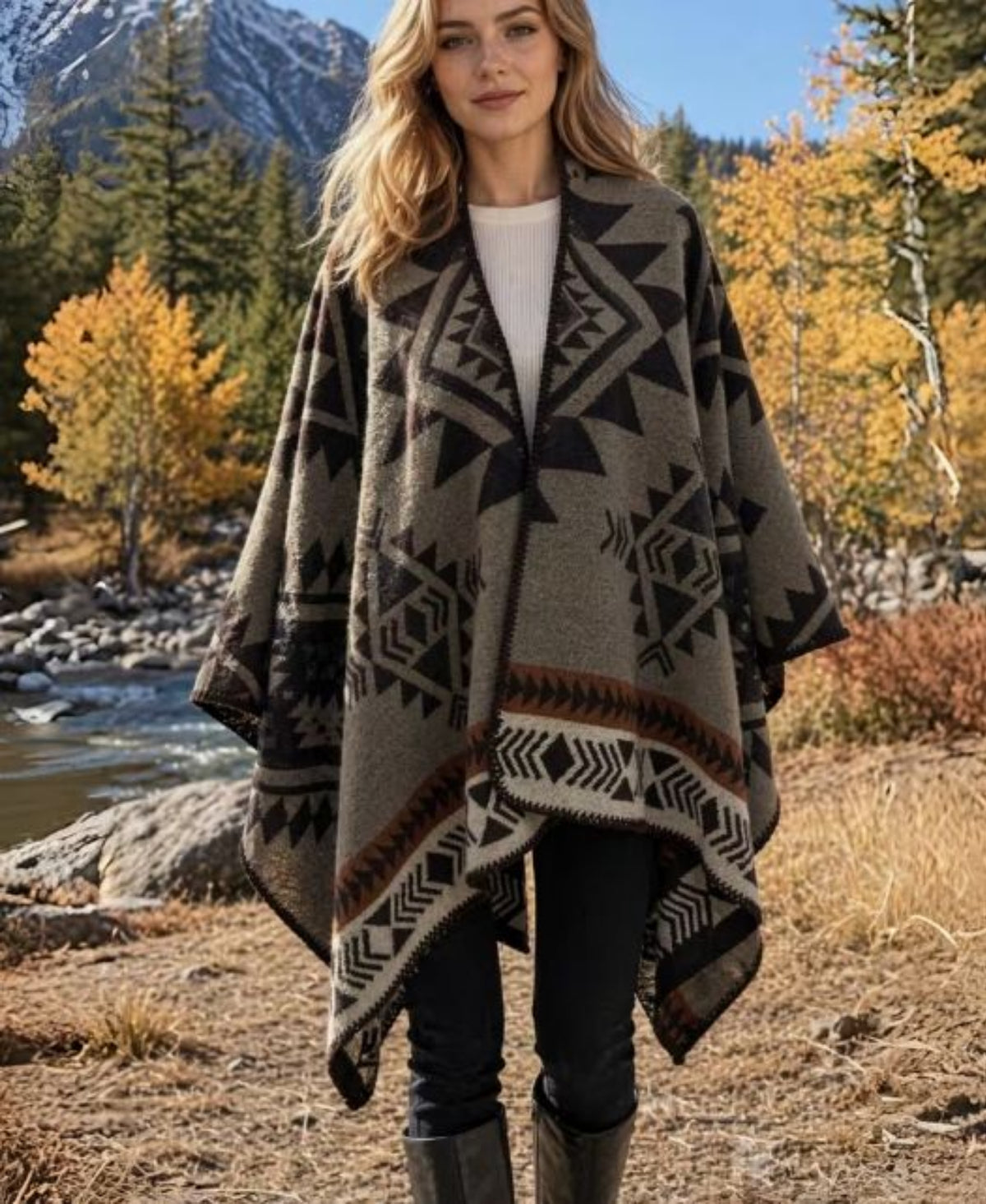 Boho Geometric Cape Shawl, Autumn/Winter Earth-Tone Southwestern-Inspired Wrap
