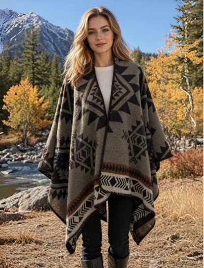 Boho Geometric Cape Shawl, Autumn/Winter Earth-Tone Southwestern-Inspired Wrap