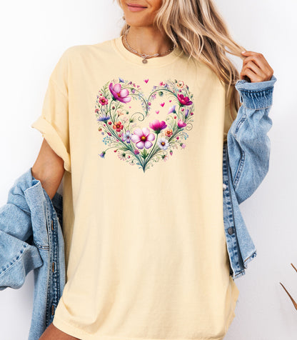 Wildflower Heart Botanical T-shirt, Watercolor Flowers