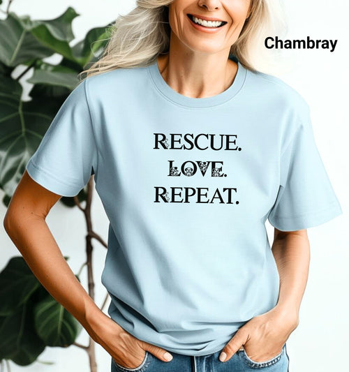 Rescue Love Repeat T-Shirt, Animal Rescue, Casual Wear, Gifts, Pet Adoption Tee, Animal Shelter Apparel, Pet Rescue Gift, Foster Rescue Tee