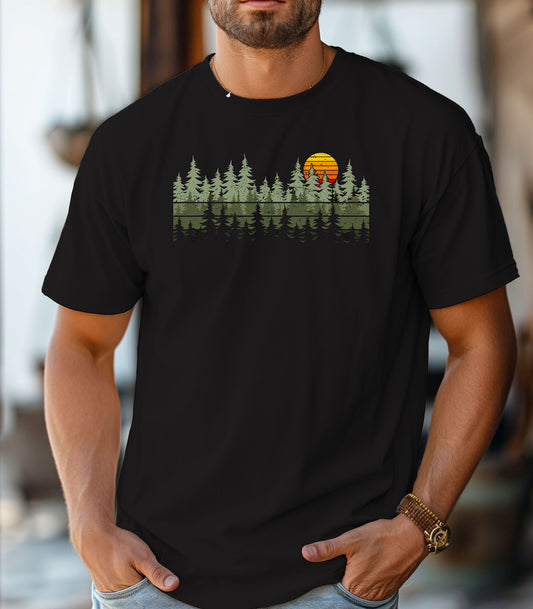 Wilderness Forest Sunset T-Shirt, Retro Pines Graphic Tee