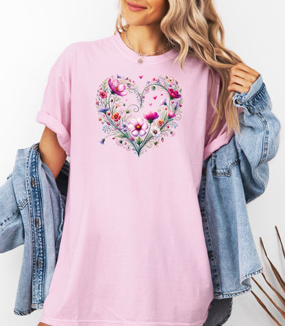 Wildflower Heart Botanical T-shirt, Watercolor Flowers