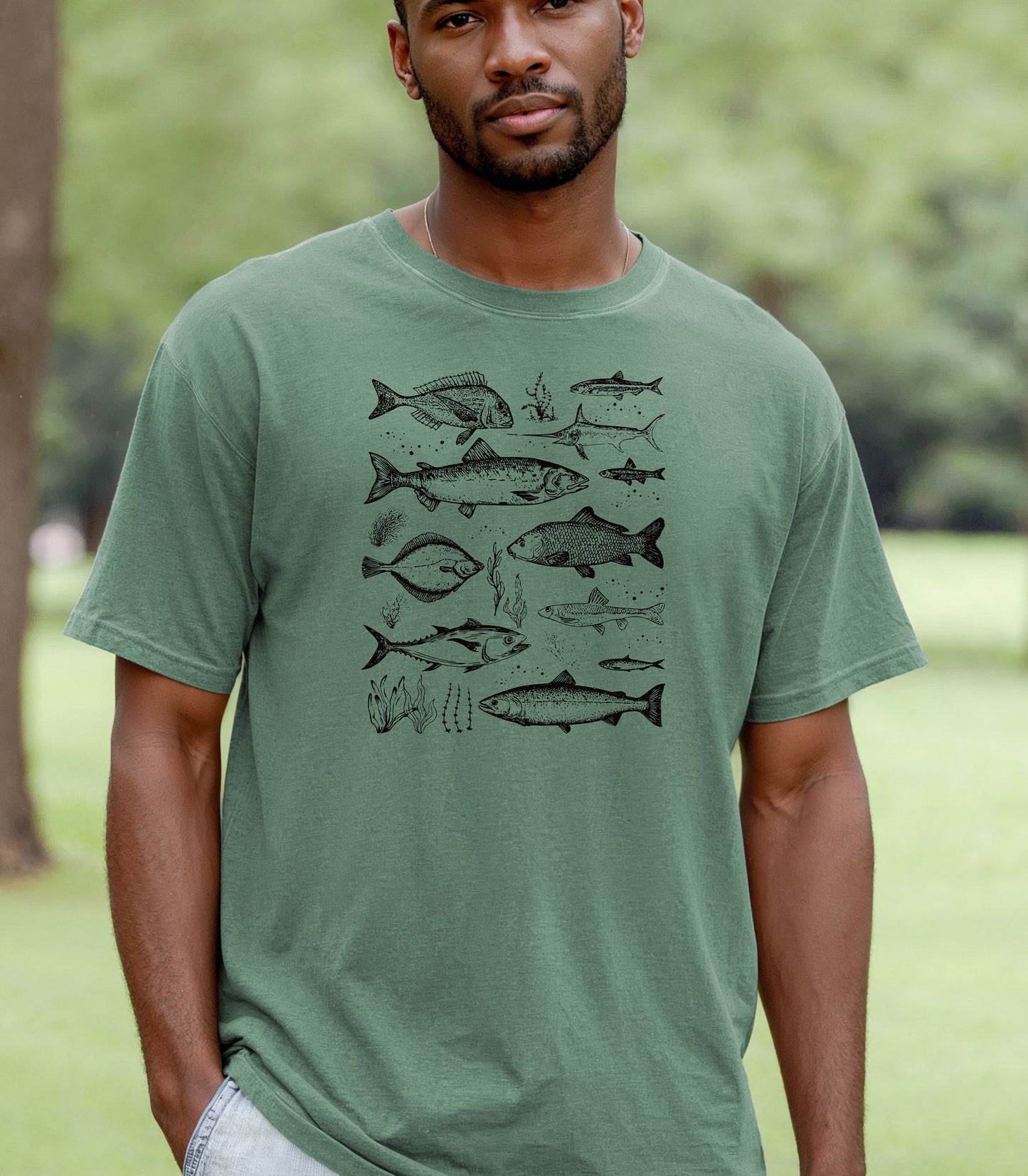 Vintage Marine Fish Chart T-Shirt, Illustrated Ocean Species Tee, Fishing Shirt, Father's Day Gift