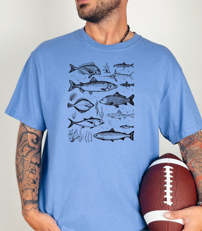Vintage Marine Fish Chart T-Shirt, Illustrated Ocean Species Tee, Fishing Shirt, Father's Day Gift