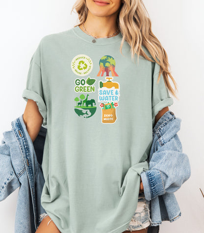Go Green Environmental Awareness T-Shirt, Save Water, Protect Earth,  Sustainability Icons Eco Awareness Shirt