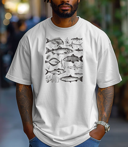 Vintage Marine Fish Chart T-Shirt, Illustrated Ocean Species Tee, Fishing Shirt, Father's Day Gift