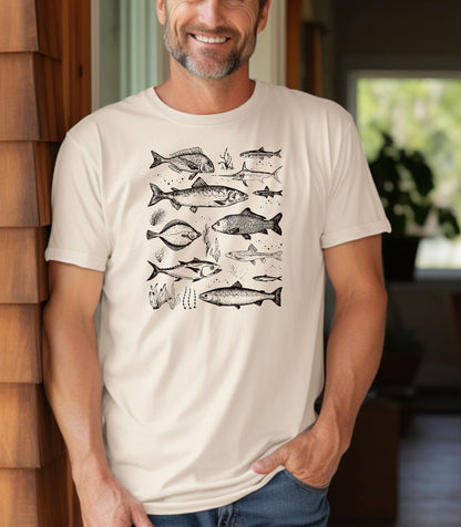 Vintage Marine Fish Chart T-Shirt, Illustrated Ocean Species Tee, Fishing Shirt, Father's Day Gift