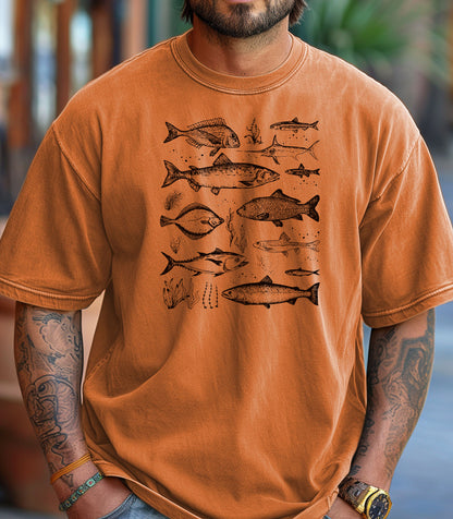 Vintage Marine Fish Chart T-Shirt, Illustrated Ocean Species Tee, Fishing Shirt, Father's Day Gift