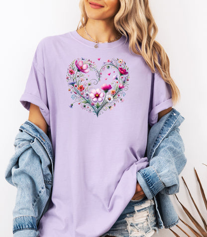 Wildflower Heart Botanical T-shirt, Watercolor Flowers