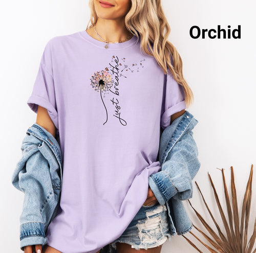 Just Breathe T-Shirt – Relaxed Fit, Nature-Inspired Design, Meditation T-Shirt, Yoga Tee, Inspirational Quote Tee, Mindfulness Tee
