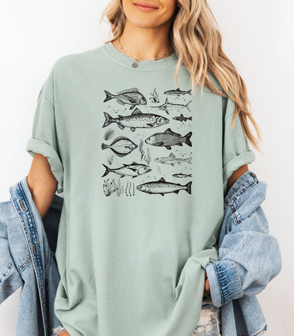 Vintage Marine Fish Chart T-Shirt, Illustrated Ocean Species Tee, Fishing Shirt, Father's Day Gift