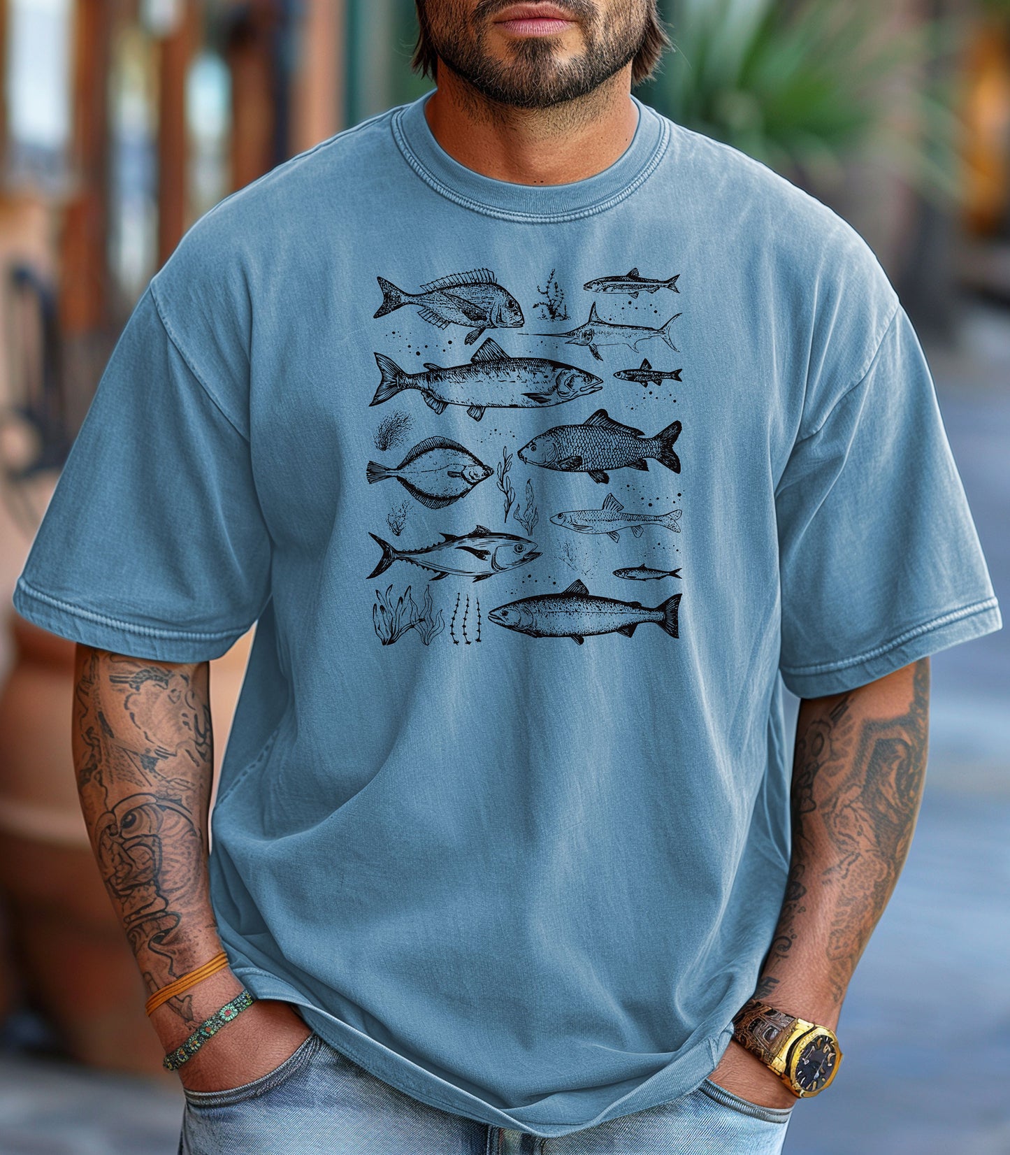 Vintage Marine Fish Chart T-Shirt, Illustrated Ocean Species Tee, Fishing Shirt, Father's Day Gift