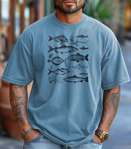 Vintage Marine Fish Chart T-Shirt, Illustrated Ocean Species Tee, Fishing Shirt, Father's Day Gift