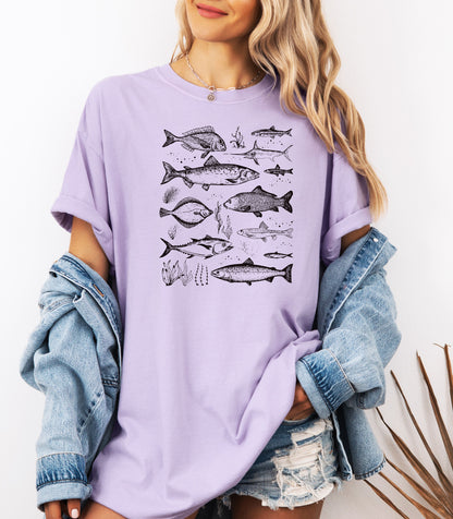 Vintage Marine Fish Chart T-Shirt, Illustrated Ocean Species Tee, Fishing Shirt, Father's Day Gift