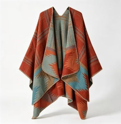 Reversible Boho Geometric Shawl | Earthy Aztec Cape Wrap