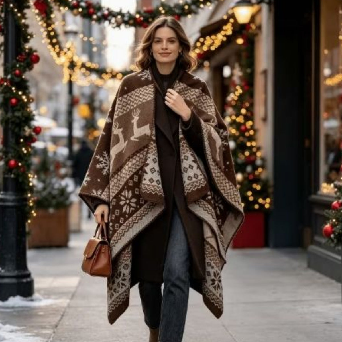Nordic Reindeer Boho Shawl, Cozy Winter Cape Wrap
