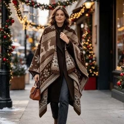 Nordic Reindeer Boho Shawl, Cozy Winter Cape Wrap