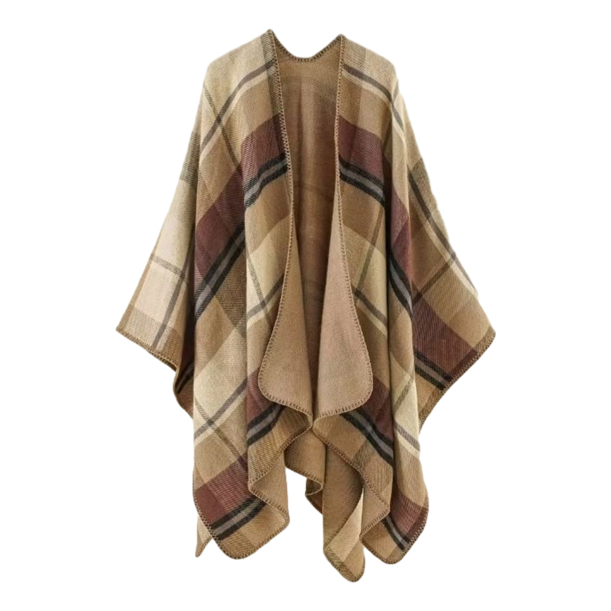 Cozy Plaid Boho Shawl, Neutral Check Cape Wrap